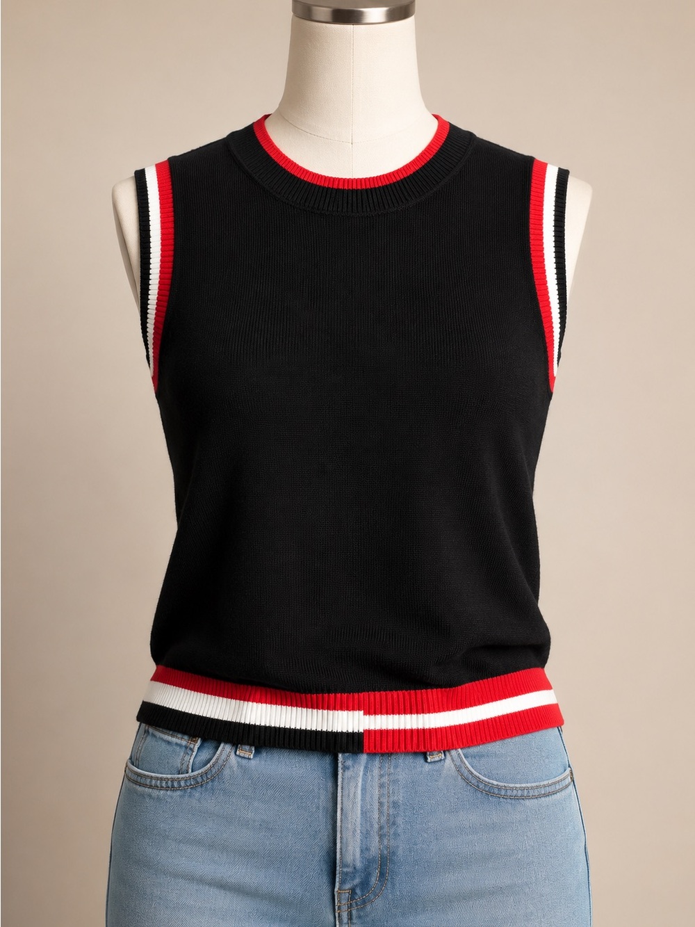 Men's Black Sleeveless Knit Sweater with Red & White Trim